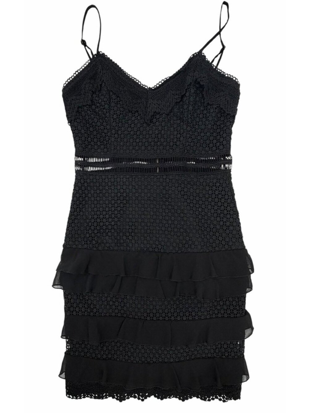 AQUA Women's Black Lace Tiered Spaghetti Strap Cocktail Dress Small